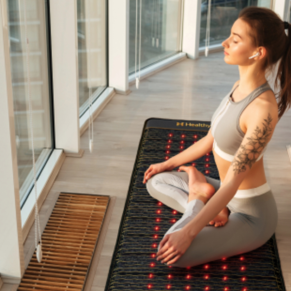 Woman meditating on a Healthyline jet mat