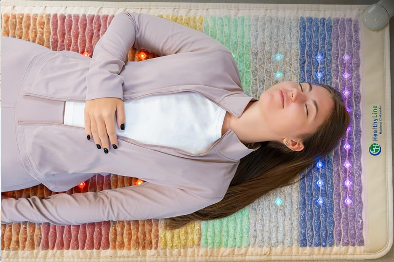 Young girl lying on a HealthLine PEMF Chakra Rainbow mat for anxiety relief Young girl lying on a HealthLine PEMF Chakra Rainbow mat for anxiety relief