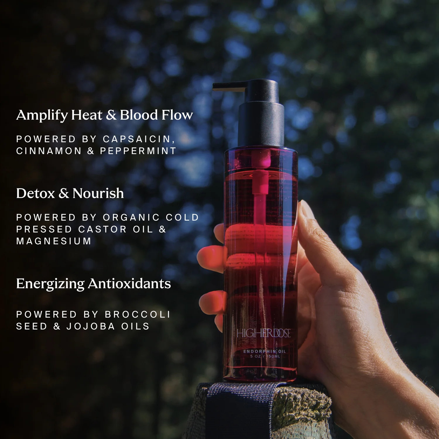 Bottle of Endorphin Oil by HigherDOSE, designed to support circulation and muscle recovery before sauna or PEMF sessions.