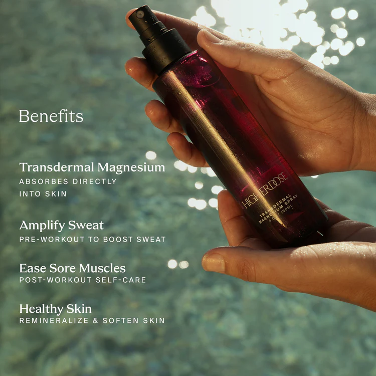 Transdermal Magnesium Spray by HigherDOSE shown as part of skin care routine before sauna.