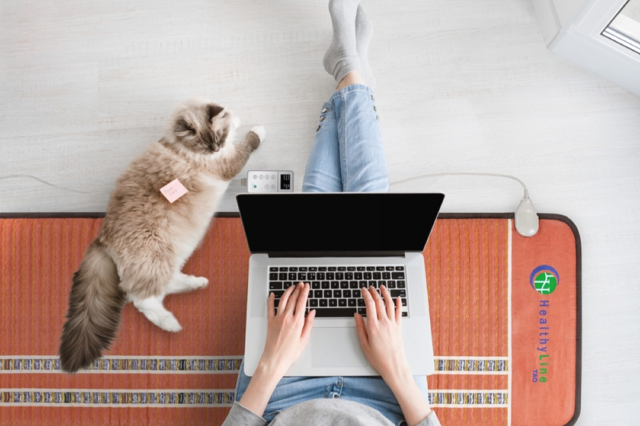 Cat sitting on a HealthyLine TAO PEMF mat next to a woman working on a laptop